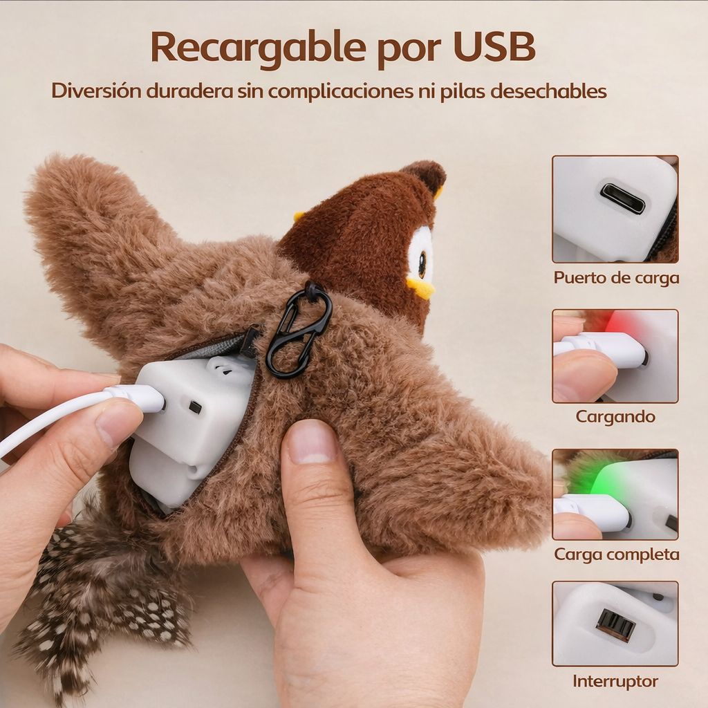 Juguete Interactivo para Gatos – Pájaro con Aleteo, Sonido y Catnip (Recargable)