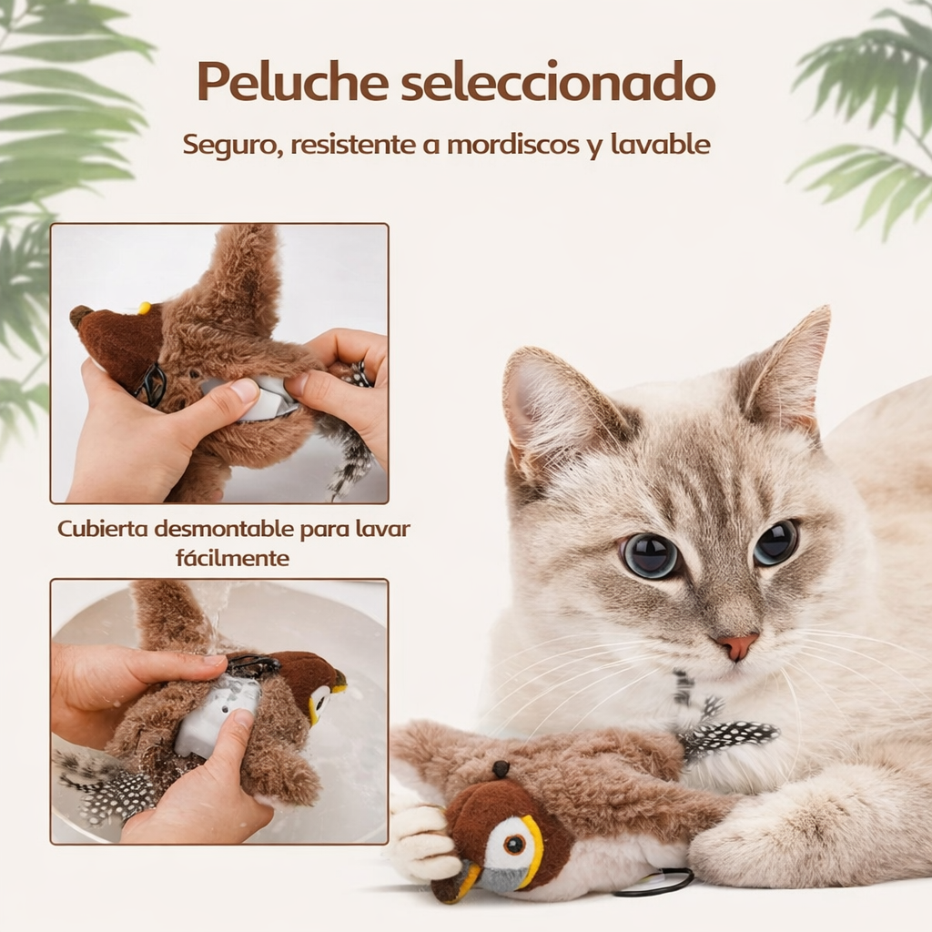 Juguete Interactivo para Gatos – Pájaro con Aleteo, Sonido y Catnip (Recargable)