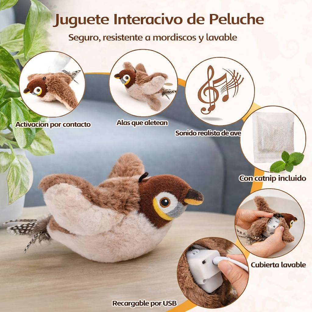 Juguete Interactivo para Gatos – Pájaro con Aleteo, Sonido y Catnip (Recargable)